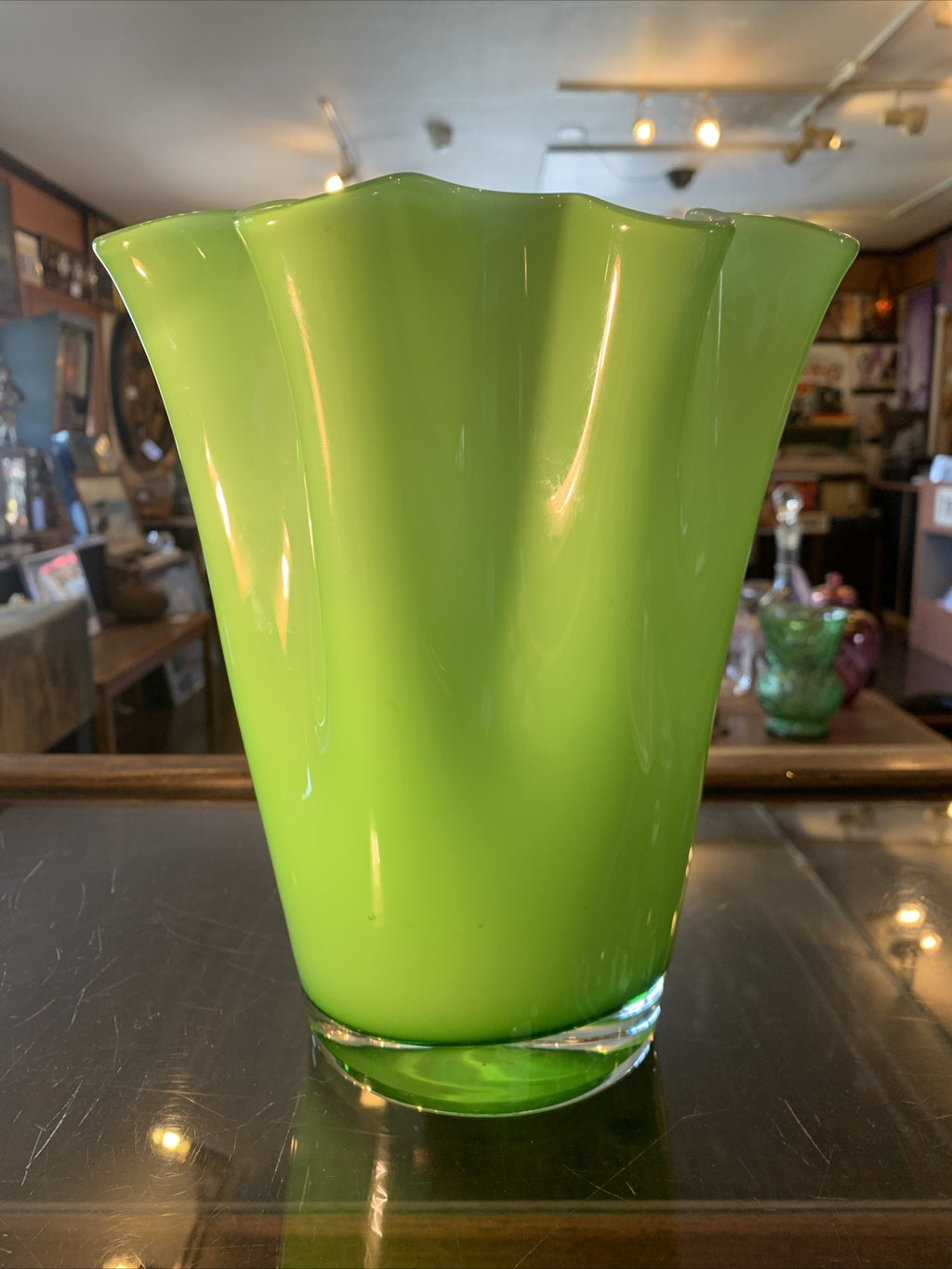 10” Vintage Green Murano Vase