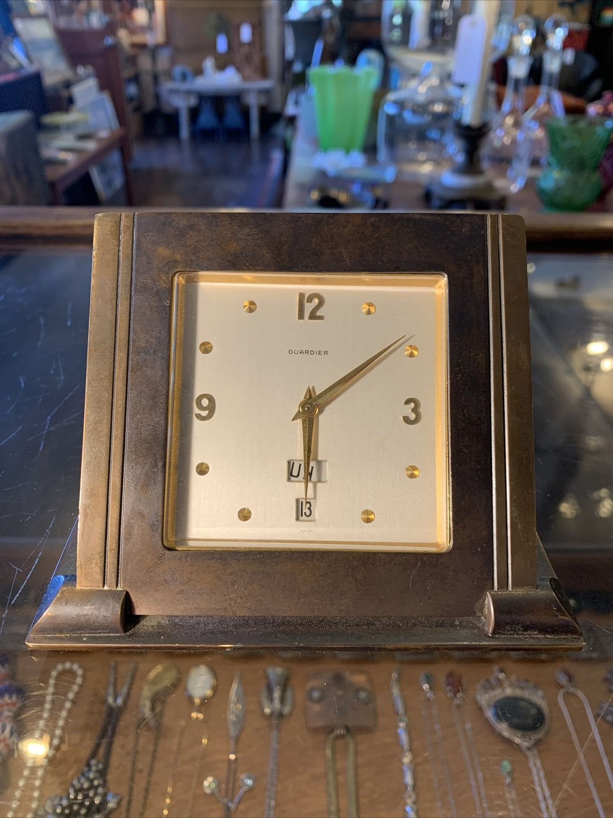 Rare Guardier Day, Date, has a beautiful 15 Swiss Jewel Movement. For Repair.