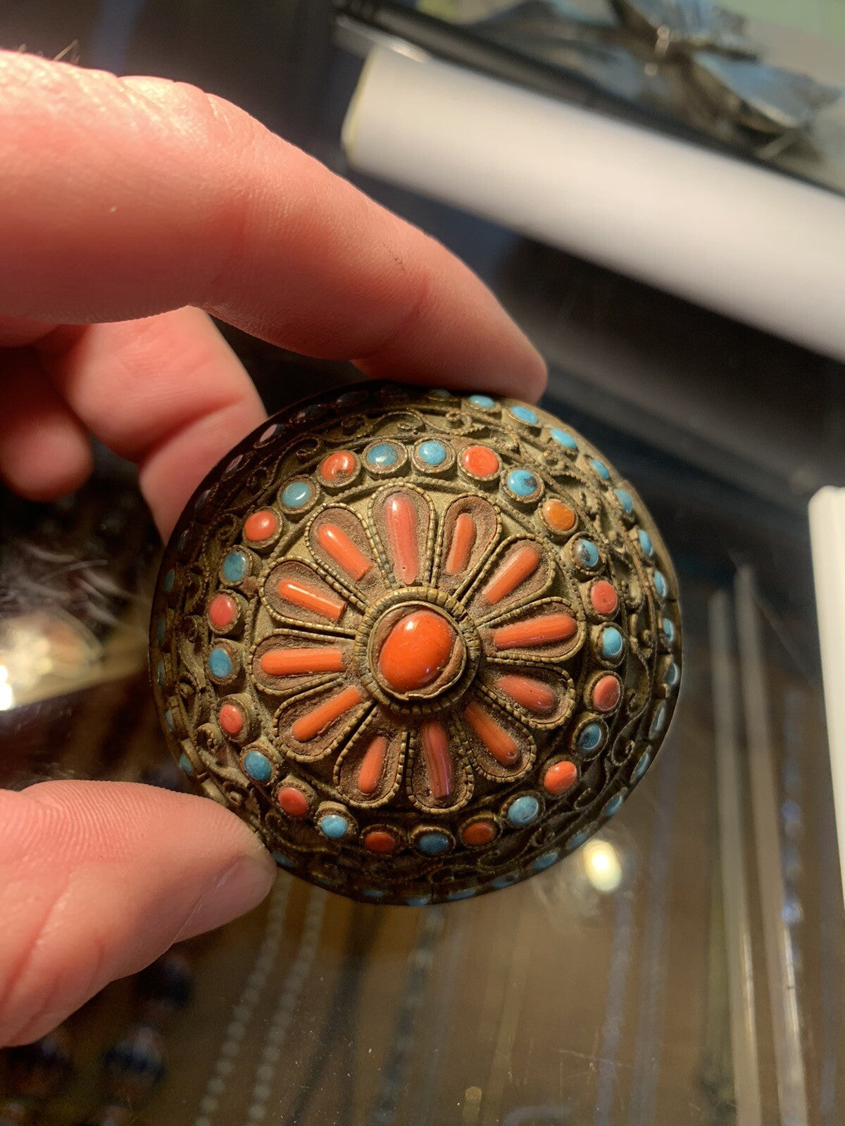 Rare Tibetan(?) Yo-Yo - Brass With Turquoise & Red Coral Stones