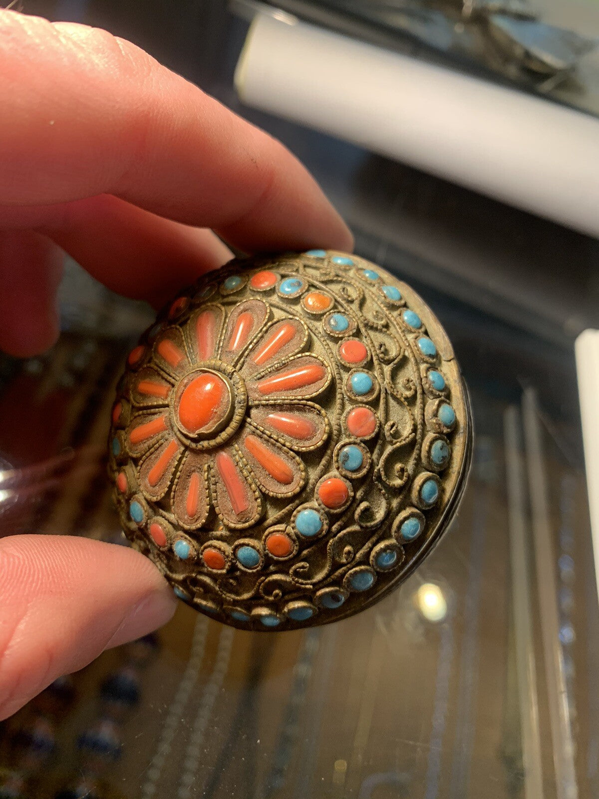 Rare Tibetan(?) Yo-Yo - Brass With Turquoise & Red Coral Stones