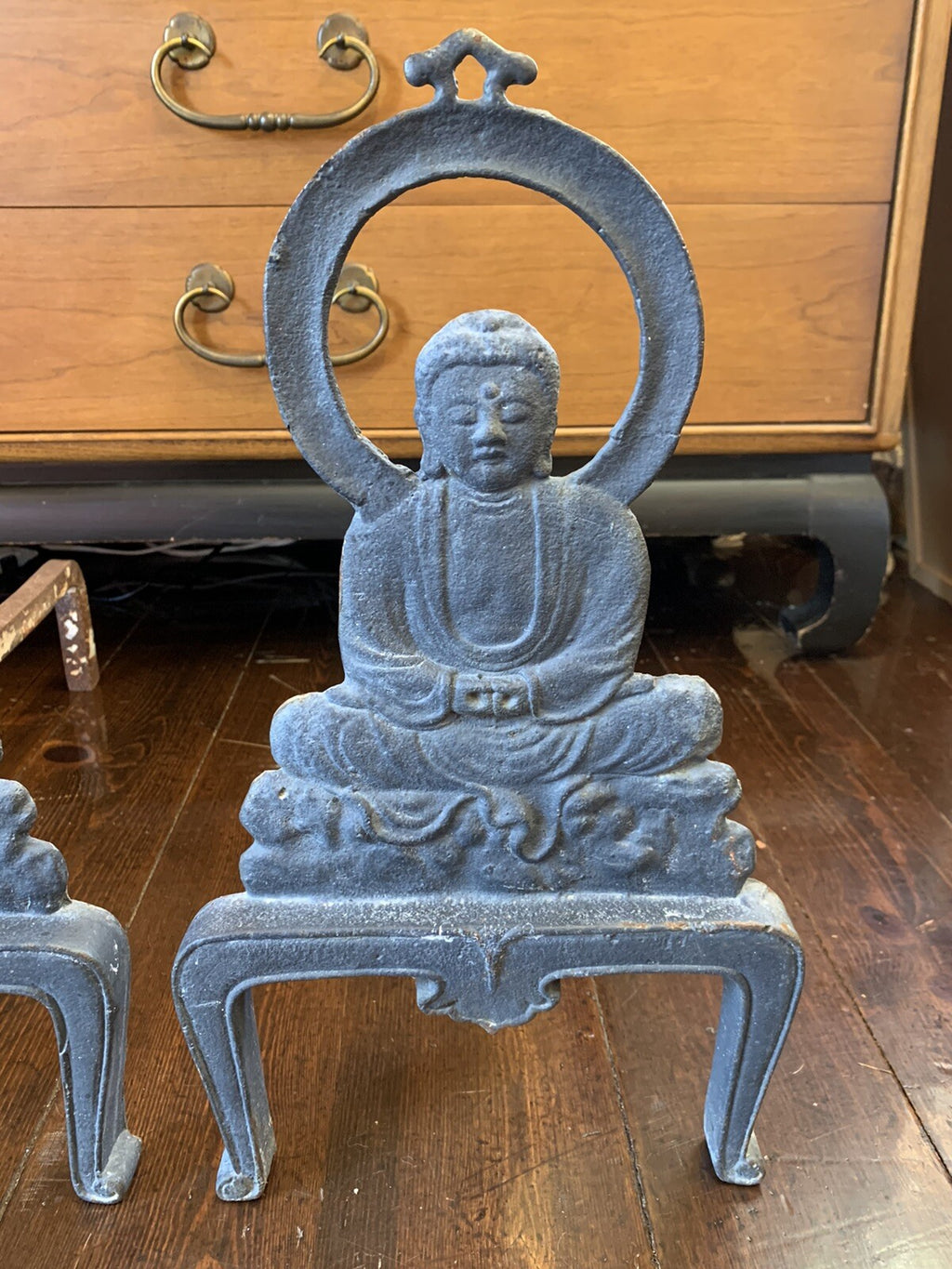 A PAIR OF RARE ANTIQUE 1920's BUDDHA ANDIRONS OF PATINA’D IRON