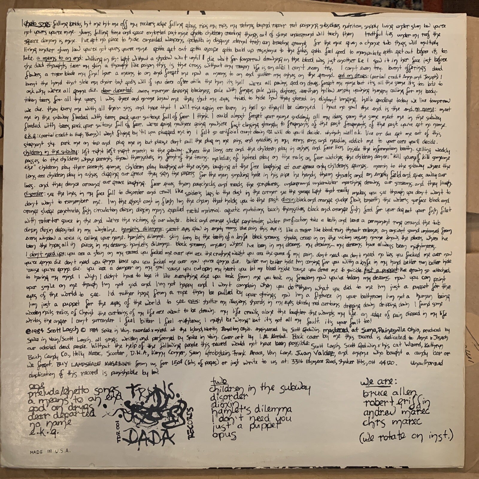 Spike In Vain - Disease Is Relative - OG Top Copy (1984) - EX/EX