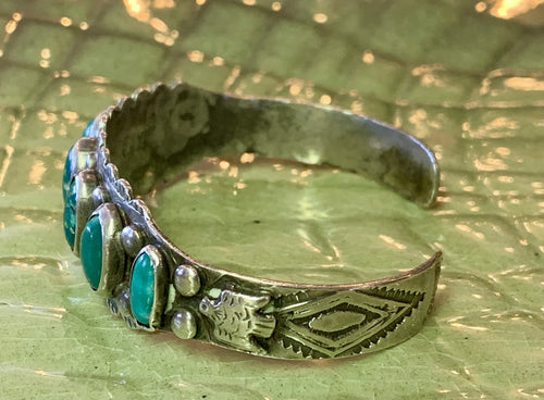 Antique Navajo Sterling & Turquoise Row Cuff Bracelet w/ Thunderbird Motifs