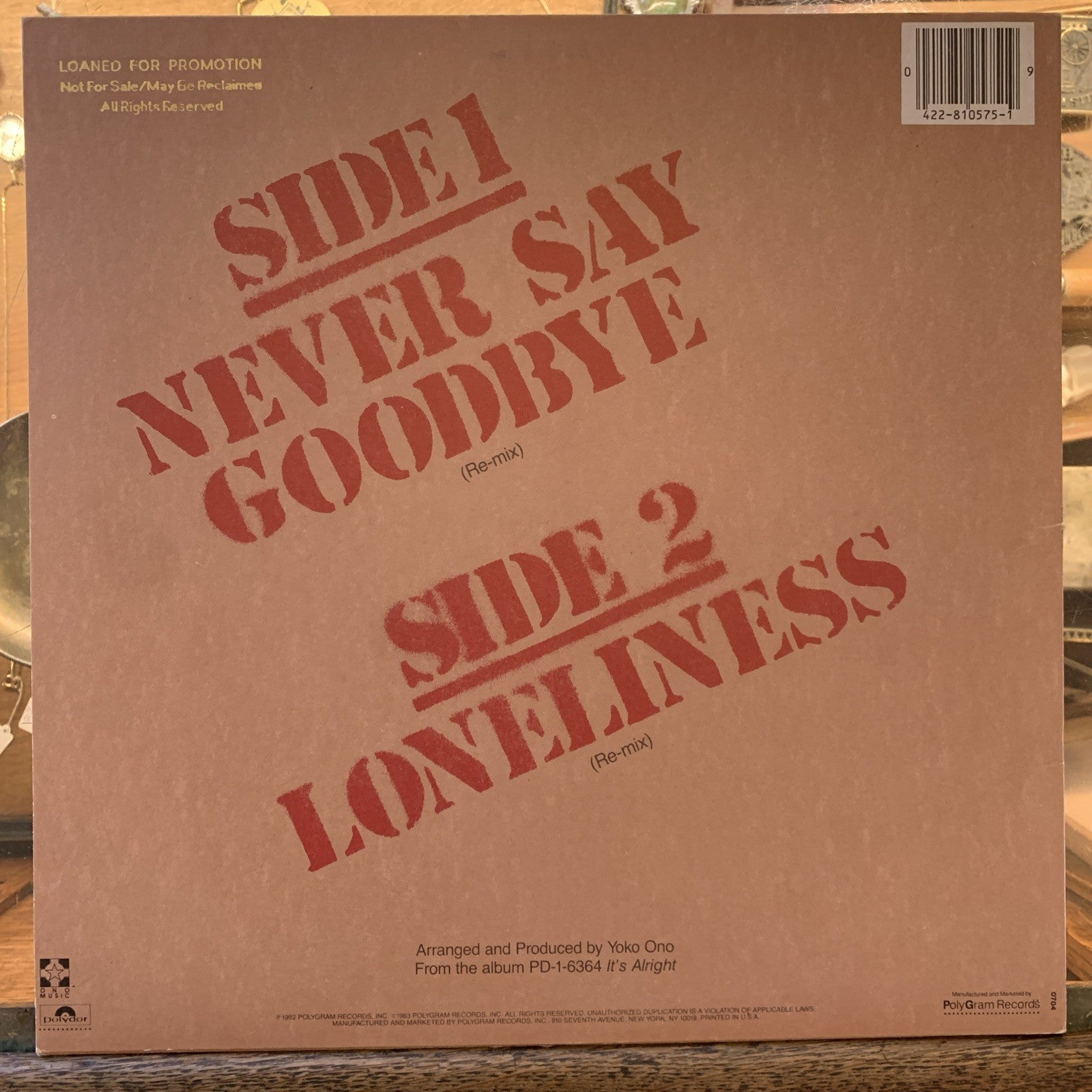 YOKO ONO  12" Walking On Thin Ice PROMO  w/ Lyrics - Never Say Goodbye PROM0
