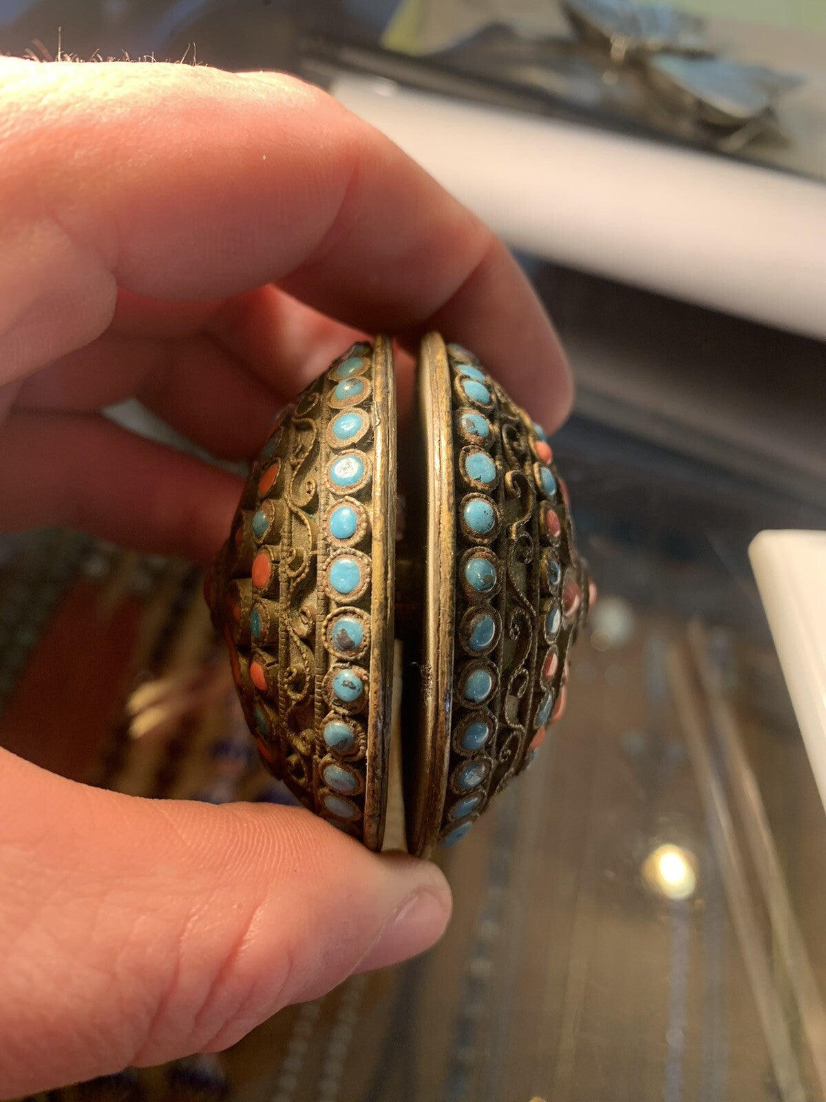 Rare Tibetan(?) Yo-Yo - Brass With Turquoise & Red Coral Stones