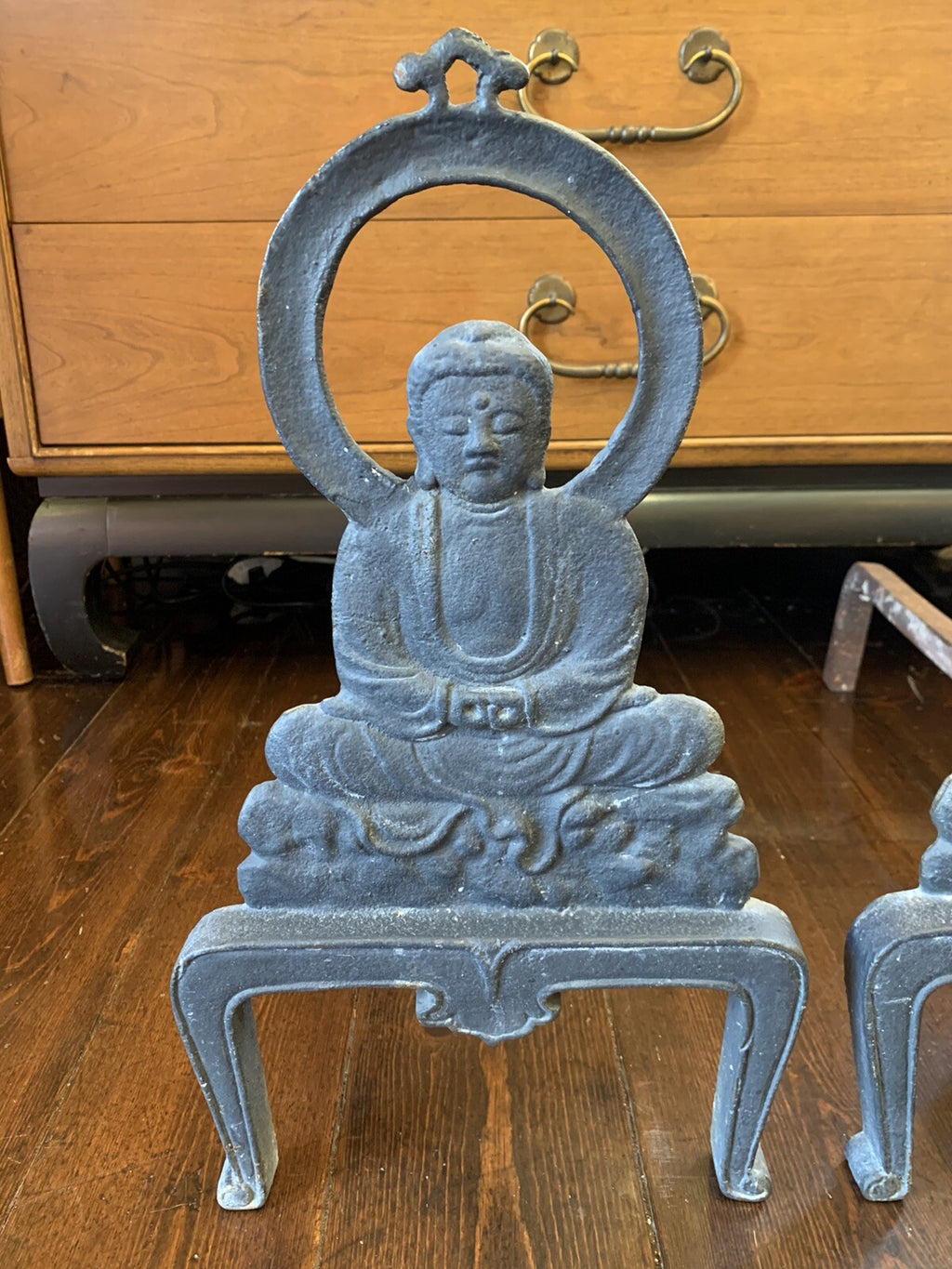 A PAIR OF RARE ANTIQUE 1920's BUDDHA ANDIRONS OF PATINA’D IRON