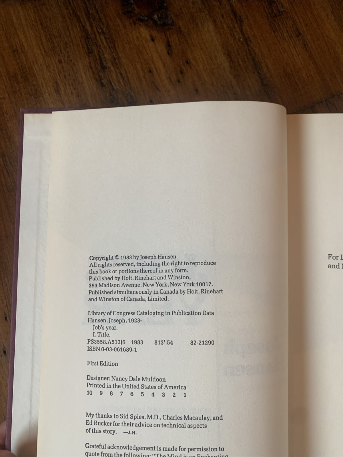Joseph Hansen Job’s Year Signed First Edition (1983)