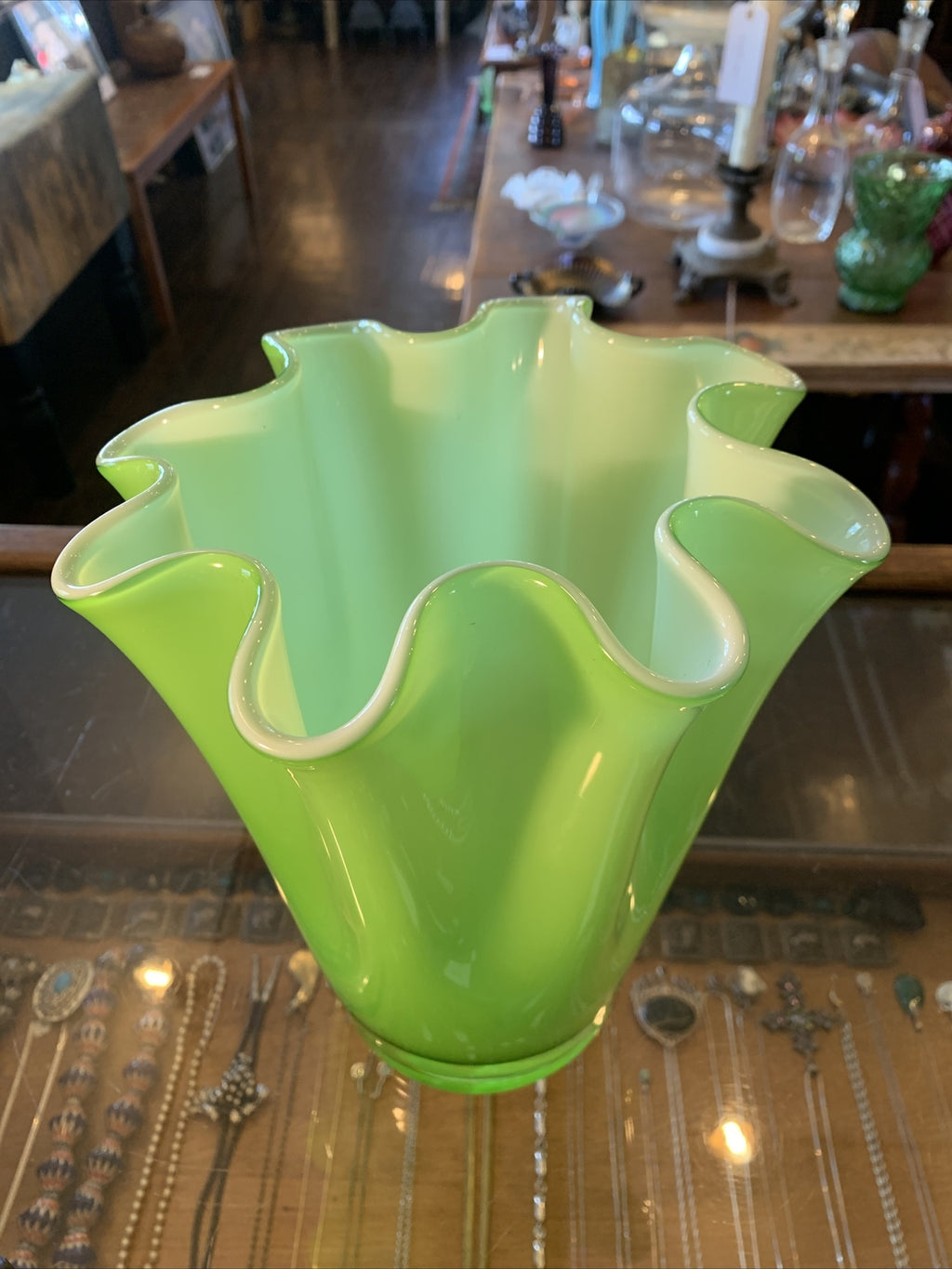 10” Vintage Green Murano Vase