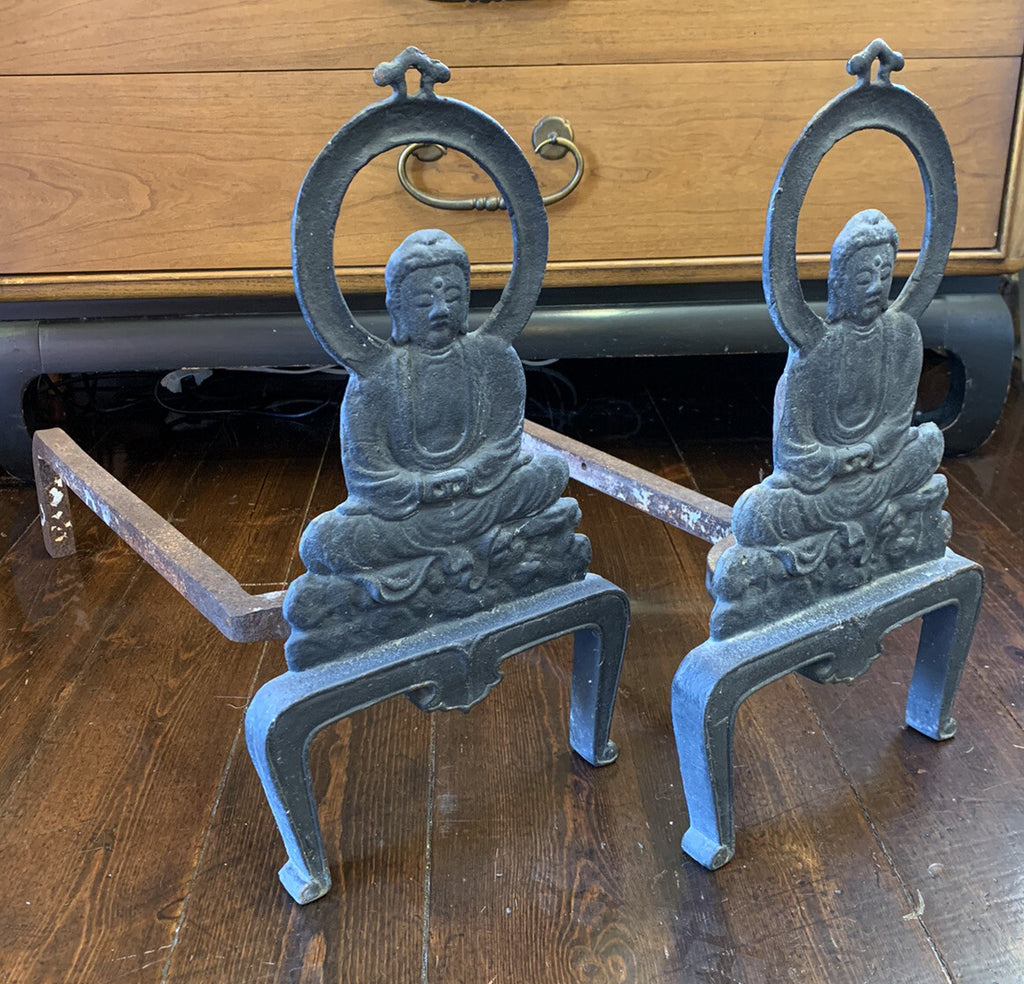A PAIR OF RARE ANTIQUE 1920's BUDDHA ANDIRONS OF PATINA’D IRON