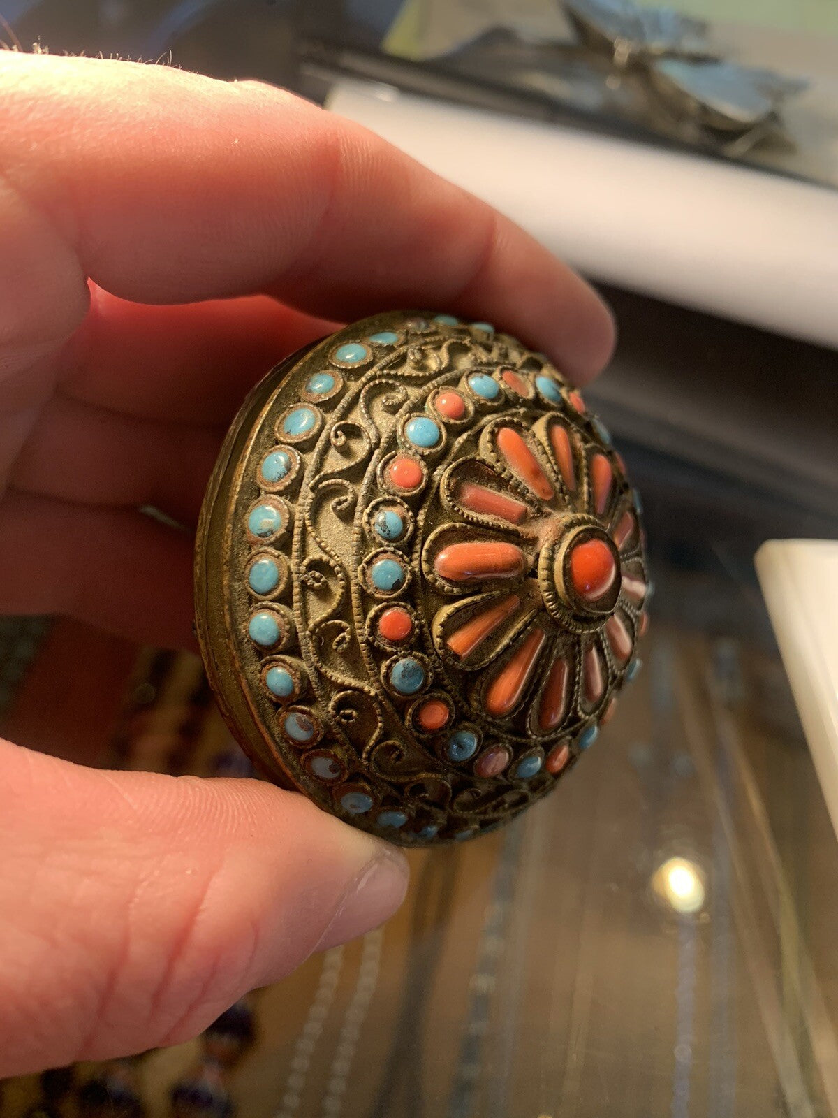Rare Tibetan(?) Yo-Yo - Brass With Turquoise & Red Coral Stones