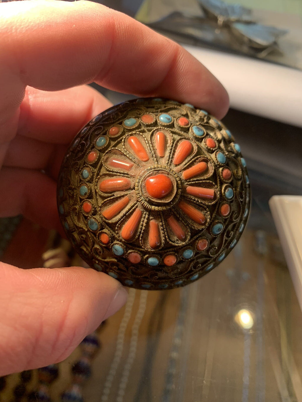 Rare Tibetan(?) Yo-Yo - Brass With Turquoise & Red Coral Stones