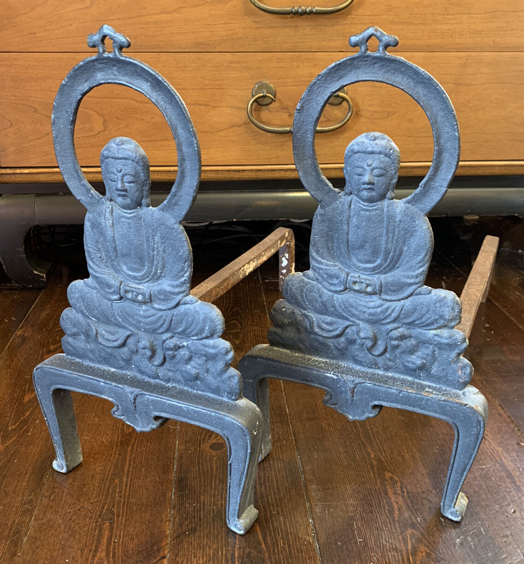A PAIR OF RARE ANTIQUE 1920's BUDDHA ANDIRONS OF PATINA’D IRON